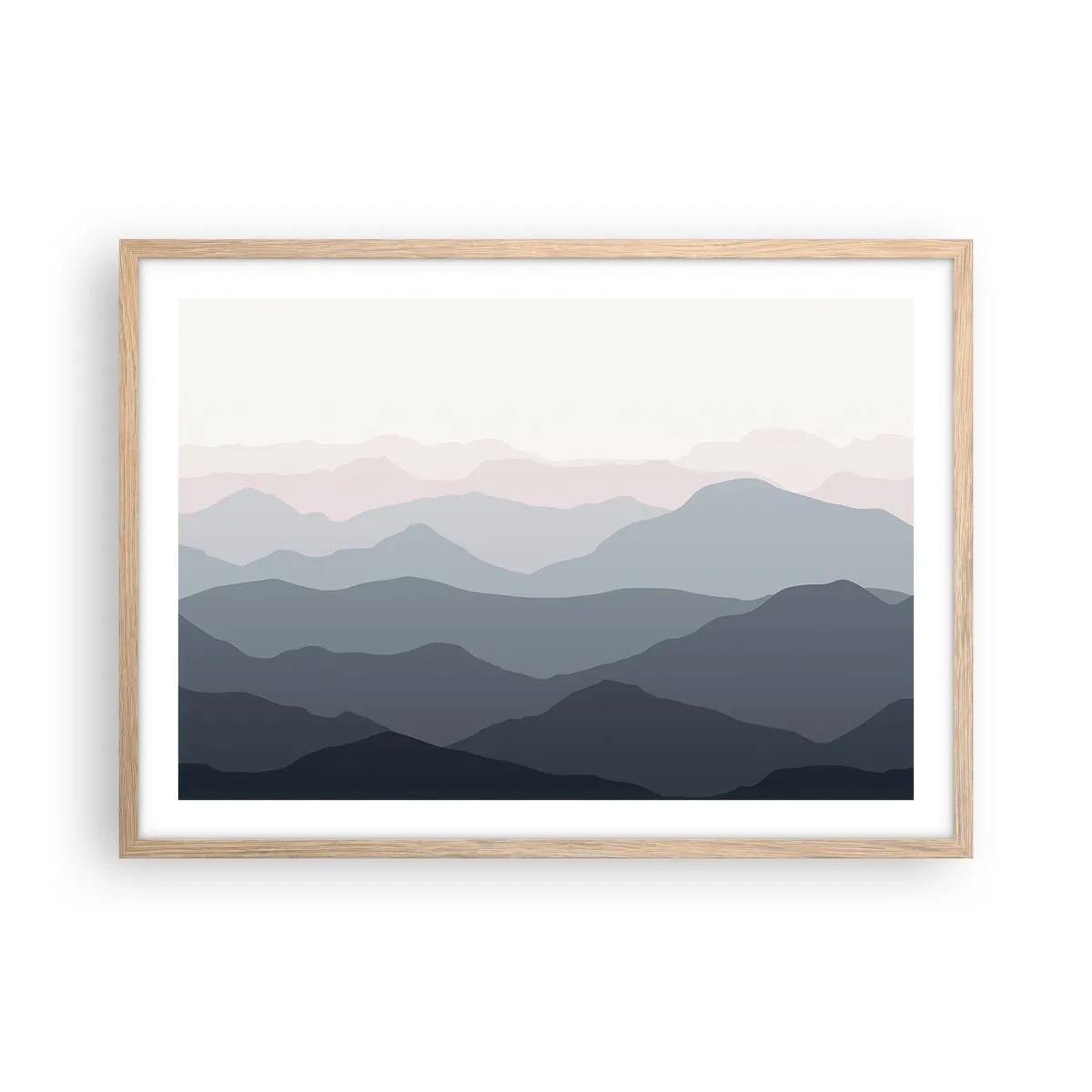 Plakat i ramme af lyst egetræ - Bølger af bjerge - 70x50 cm