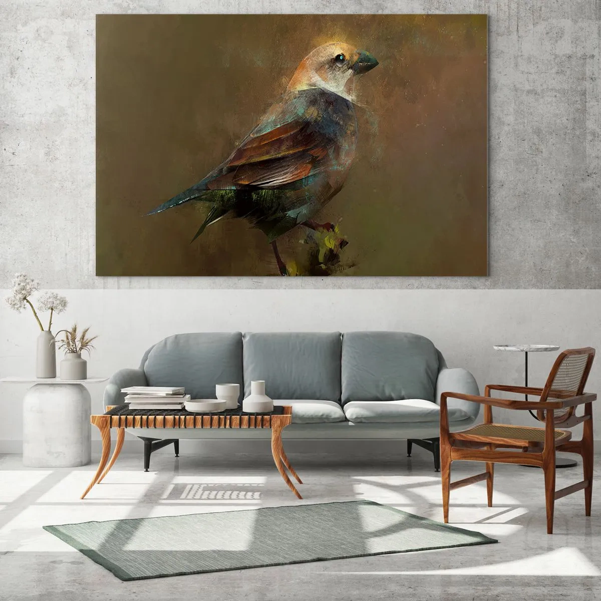 Billede på glas - En spurv i kunstnerisk, malerisk stil mod en neutral baggrund - 70x50cm - Lille spurv, lille fugl - Moderne vægdekoration til stue og soveværelse ARTTOR