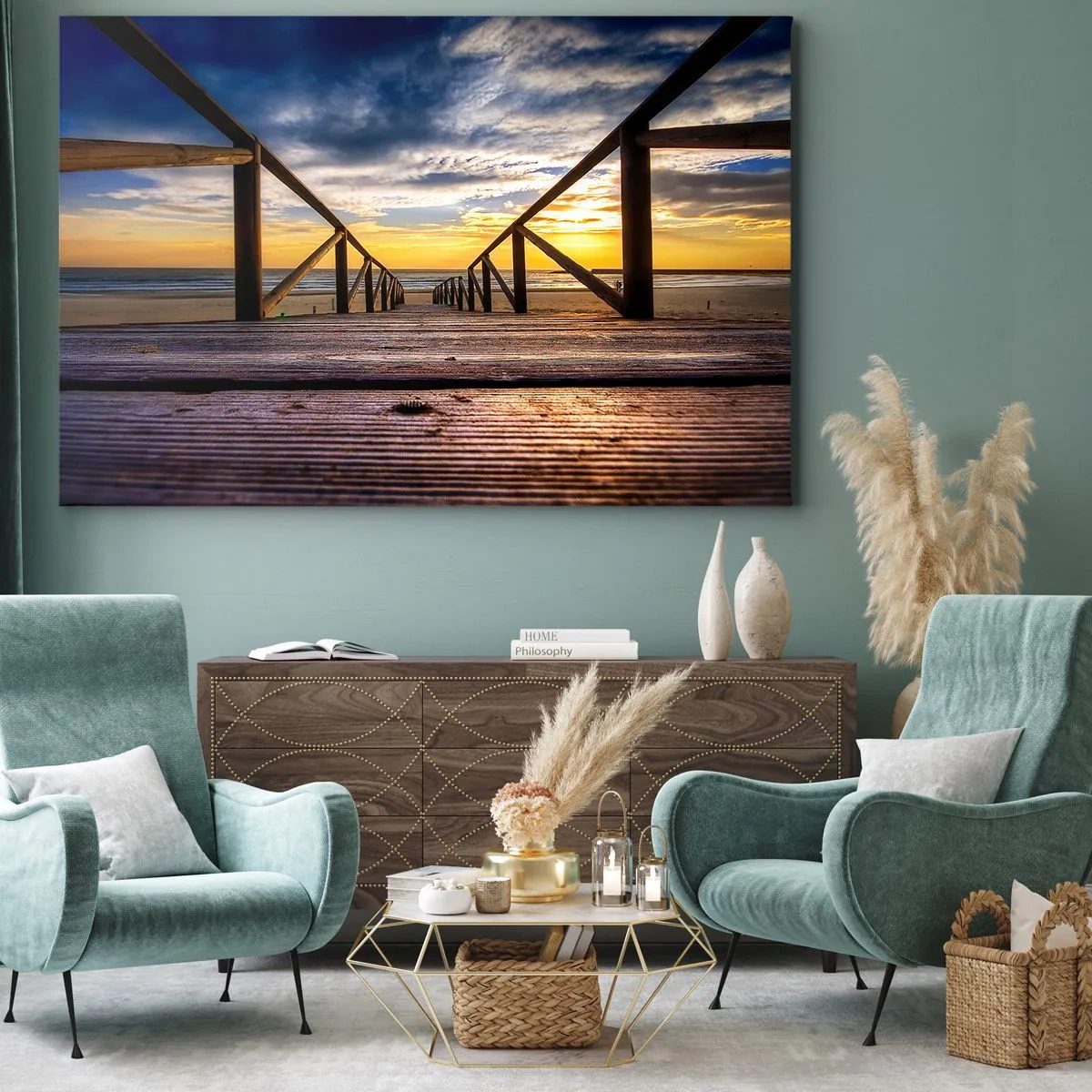 Lærredstryk - Billede på lærred - Træbro, der fører til stranden ved solnedgang - 70x50cm - Direkte til en stille strand ved solnedgang - Moderne vægdekoration til stue og soveværelse ARTTOR