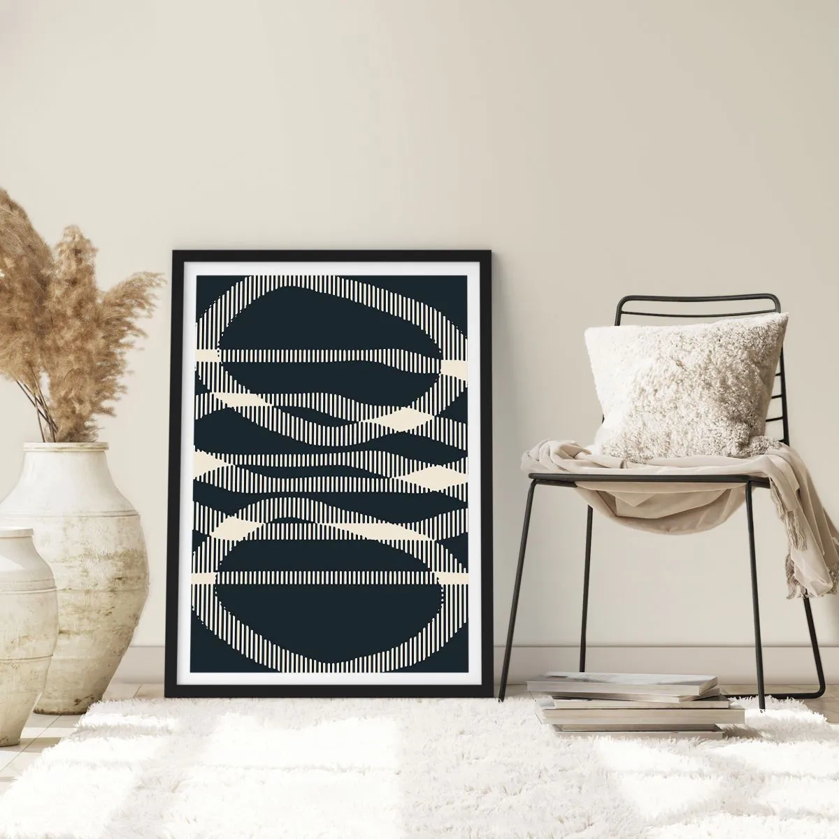 Plakat i sort ramme - Abstrakt geometrisk motiv i sorte og hvide nuancer - 50x70cm - Forsøg på at bryde igennem mørket - Moderne vægdekoration til stue og soveværelse ARTTOR
