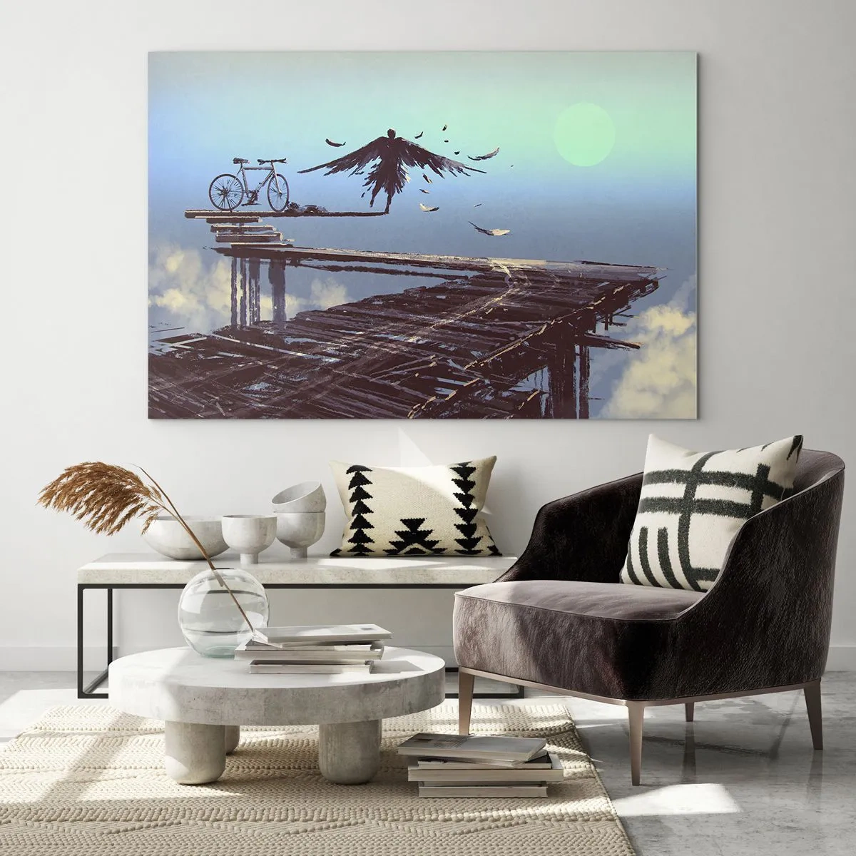 Billede på glas - En figur med en cykel på en træbro over skyerne - 70x50cm - Icarus for evigt i live - Moderne vægdekoration til stue og soveværelse ARTTOR
