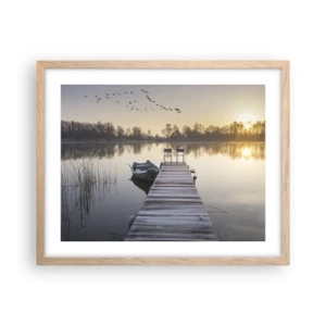 Plakat i ramme af lyst egetræ - Jeg kommer tilbage om et stykke tid - 50x40 cm