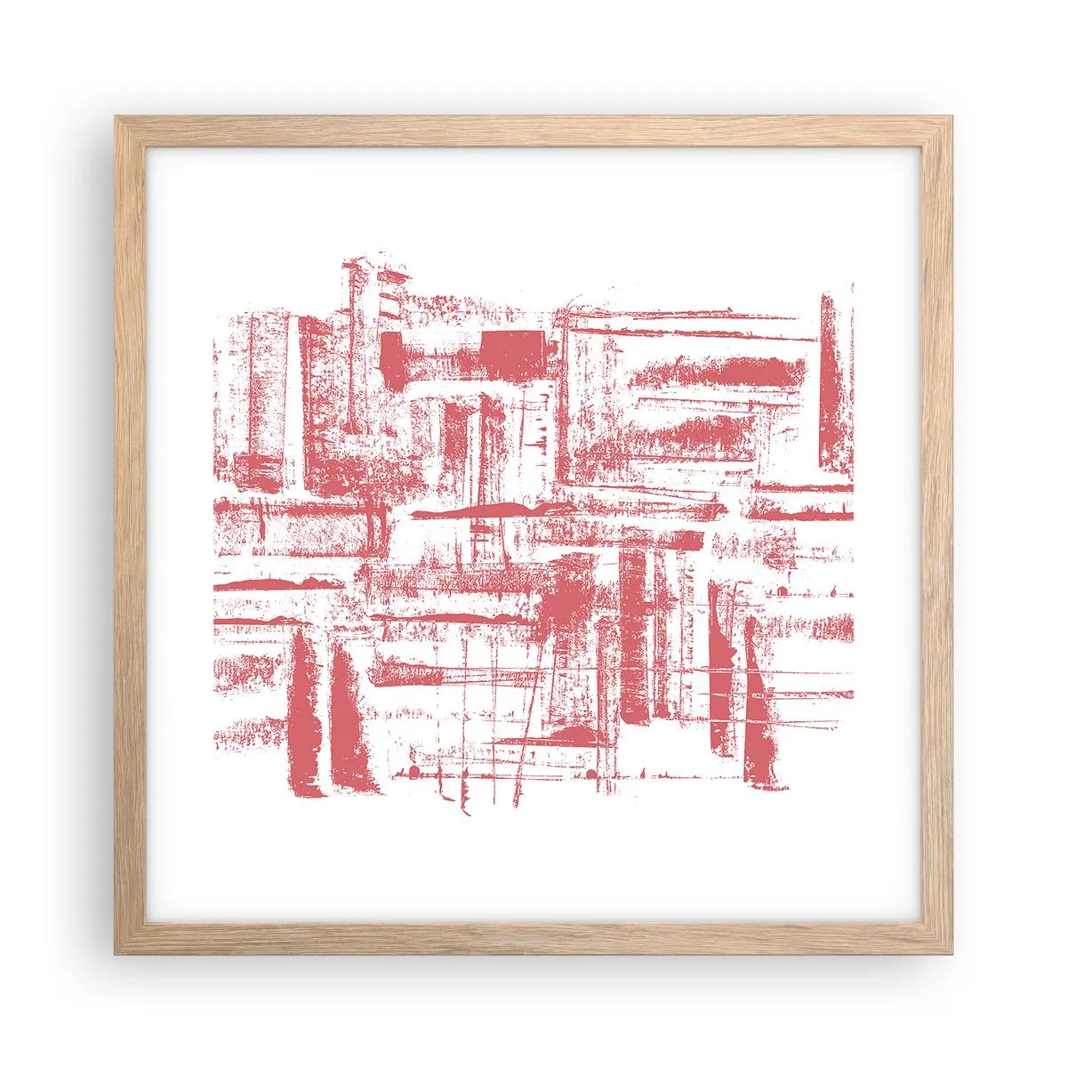 Plakat i ramme af lyst egetræ - Rød by - 40x40 cm