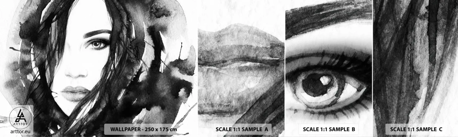 Fototapet Prøve Standard Eco - Portræt af en dame i sort og hvidt - Abstraktion, Kvindens ansigt, Portræt - 100x30 cm