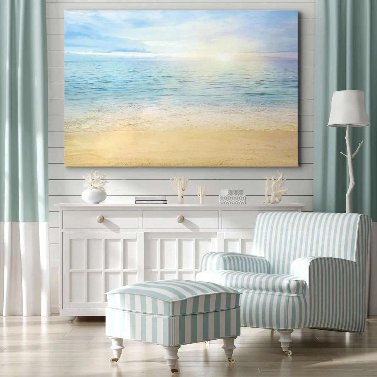 Lærredstryk - Billede på lærred - En strand med turkisblåt hav og klar himmel - 70x50cm - Det store blå - Moderne vægdekoration til stue og soveværelse ARTTOR