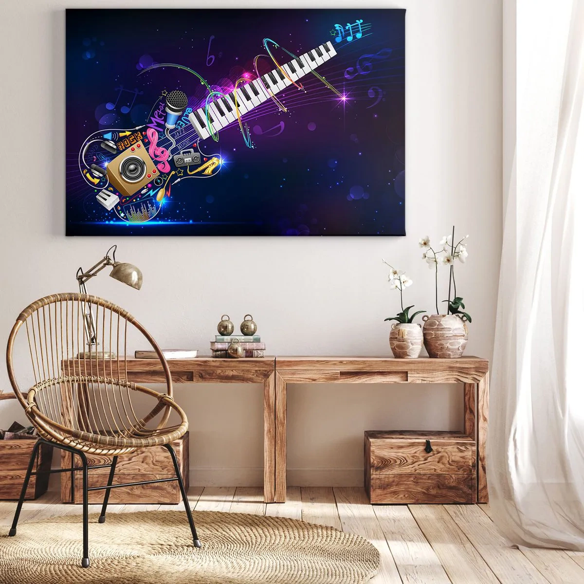 Lærredstryk - Billede på lærred - En farverig guitar med et keyboard og en mikrofon på en mørk baggrund. - 70x50cm - Og alt er i orden - Moderne vægdekoration til stue og soveværelse ARTTOR