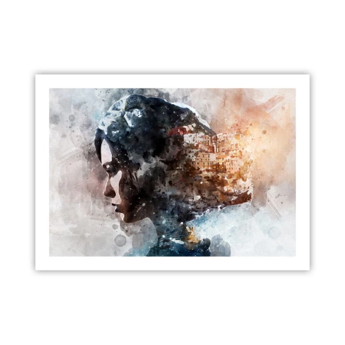 Plakat - Historien om en pige med en by i baggrunden - 70x50 cm