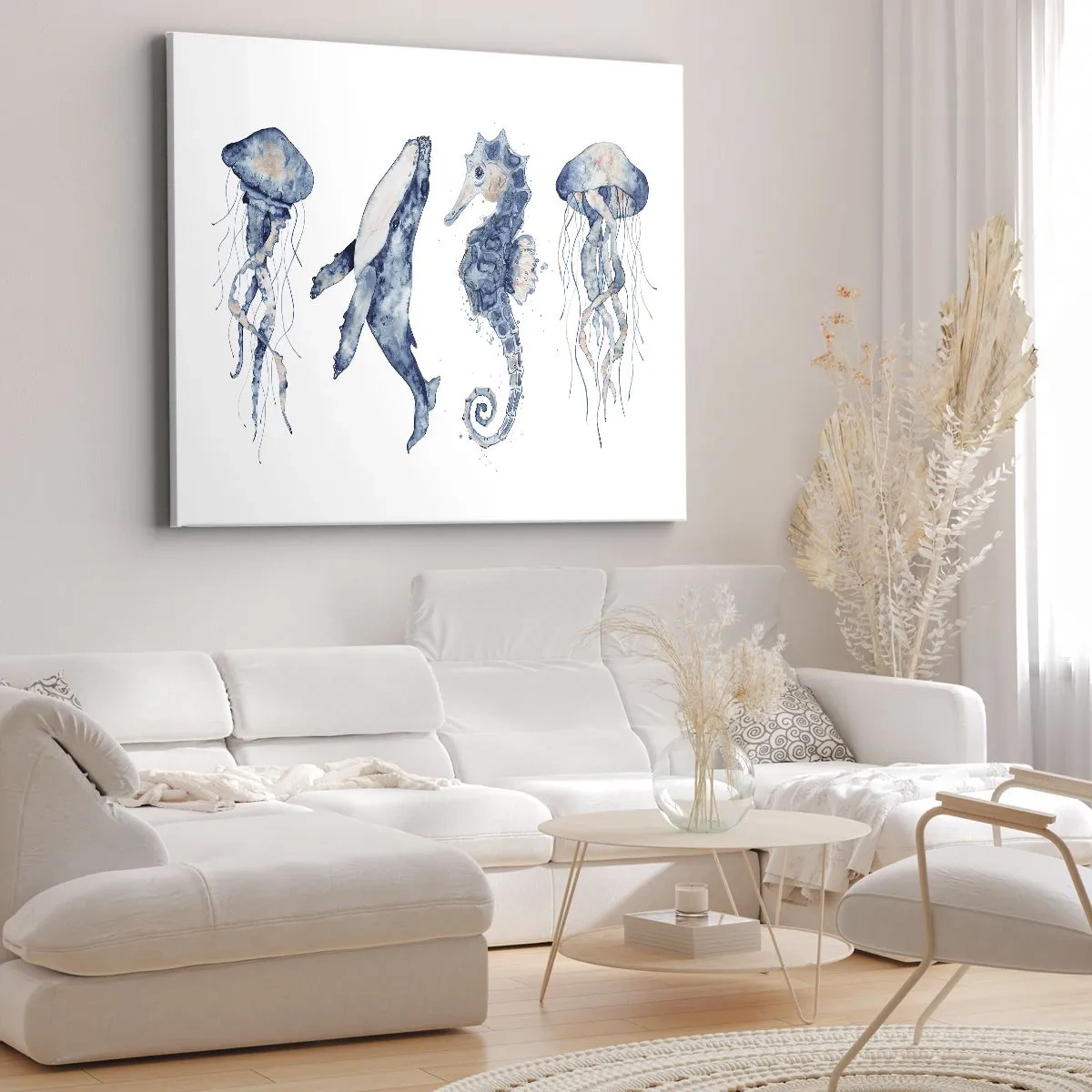 Lærredstryk - Billede på lærred - Vandmænd, hval og søhest i akvarelstil - 70x50cm - Havets vidundere - Moderne vægdekoration til stue og soveværelse ARTTOR