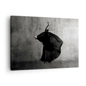 Lærredstryk - Billede på lærred - Sort og hvid silhuet af en danser i bevægelse mod en vægbaggrund - 70x50cm - Passioneret bælte - Moderne vægdekoration til stue og soveværelse ARTTOR