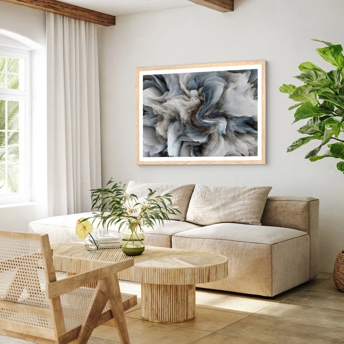 Plakat i ramme af lyst egetræ - Sten og blomst - 100x70 cm