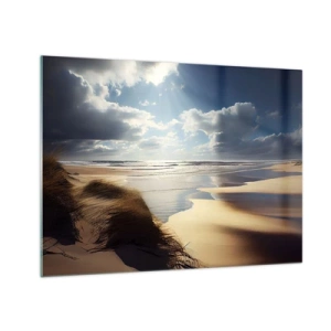 Billede på glas - En vild strand oplyst af solens stråler under skyerne - 70x50cm - Strand, vild strand - Moderne vægdekoration til stue og soveværelse ARTTOR
