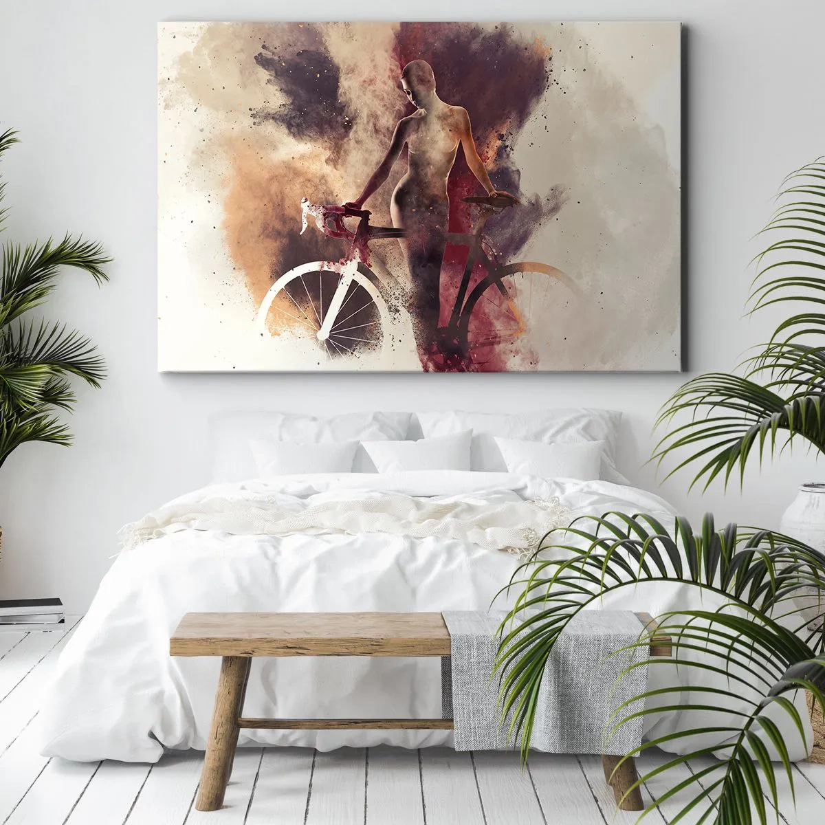 Lærredstryk - Billede på lærred - Abstrakt silhuet med en cykel i kunstnerisk stil - 70x50cm - I marmor former den cyklende sjæl - Moderne vægdekoration til stue og soveværelse ARTTOR