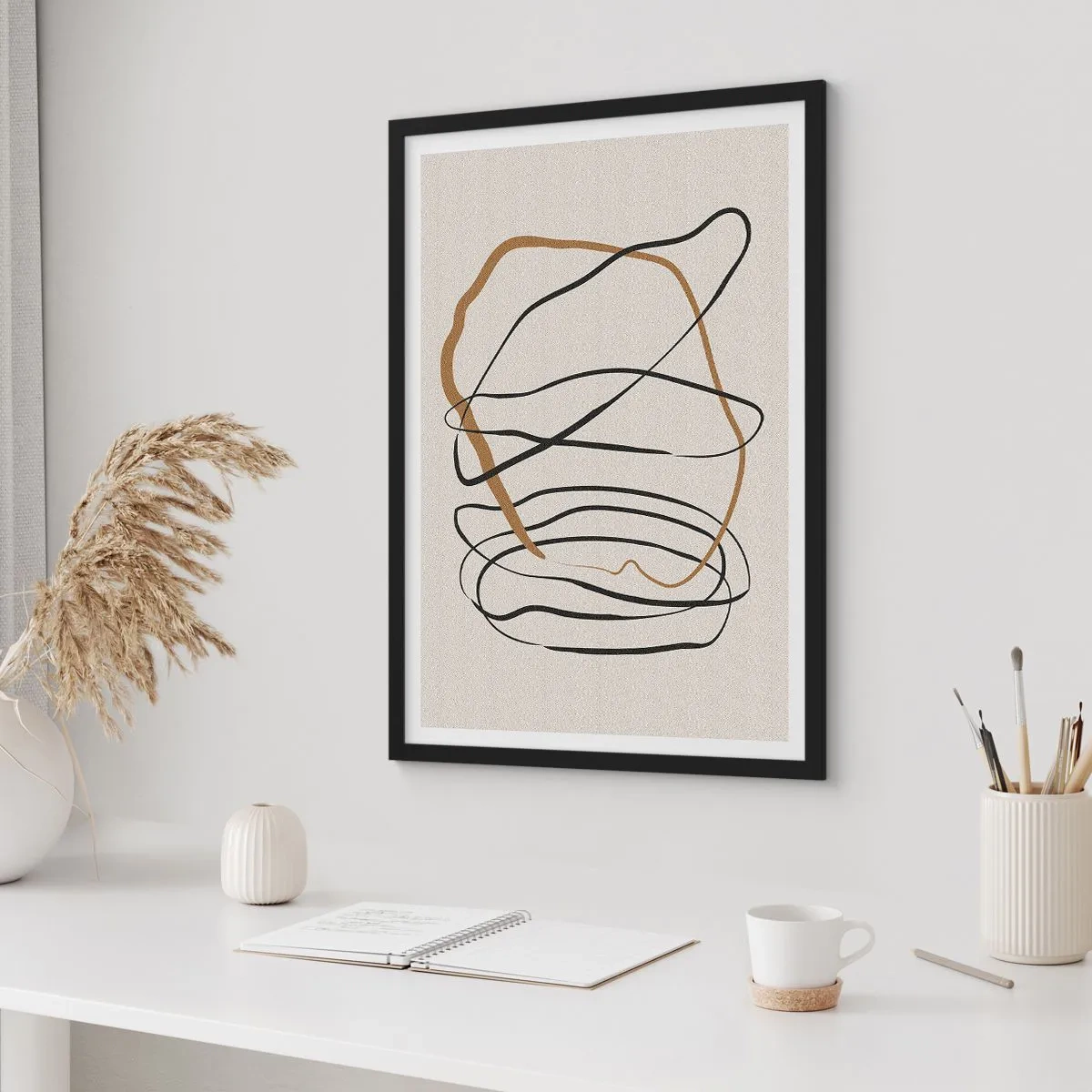 Plakat i sort ramme - Minimalistisk abstraktion med dynamiske linjer - 50x70cm - Komposition - dans i besiddelse - Moderne vægdekoration til stue og soveværelse ARTTOR