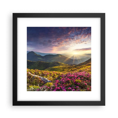 Plakat i sort ramme - Friskheden af en morgen i bjergene - 30x30 cm