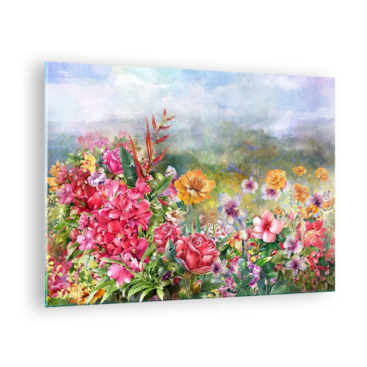 Billede på glas - En buket farverige blomster mod et malerisk landskab - 70x50cm - En have, der er gået amok - Moderne vægdekoration til stue og soveværelse ARTTOR