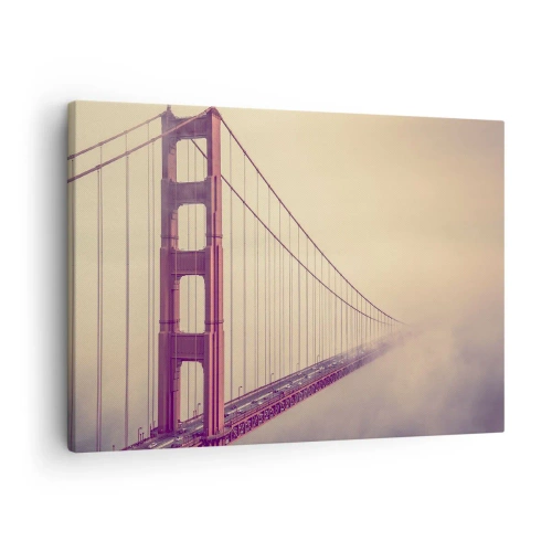 Lærredstryk - Billede på lærred - En bro i tågen i pastelfarver, et symbol på elegance og fred - 70x50cm - Mellem himmel og jord - Moderne vægdekoration til stue og soveværelse ARTTOR