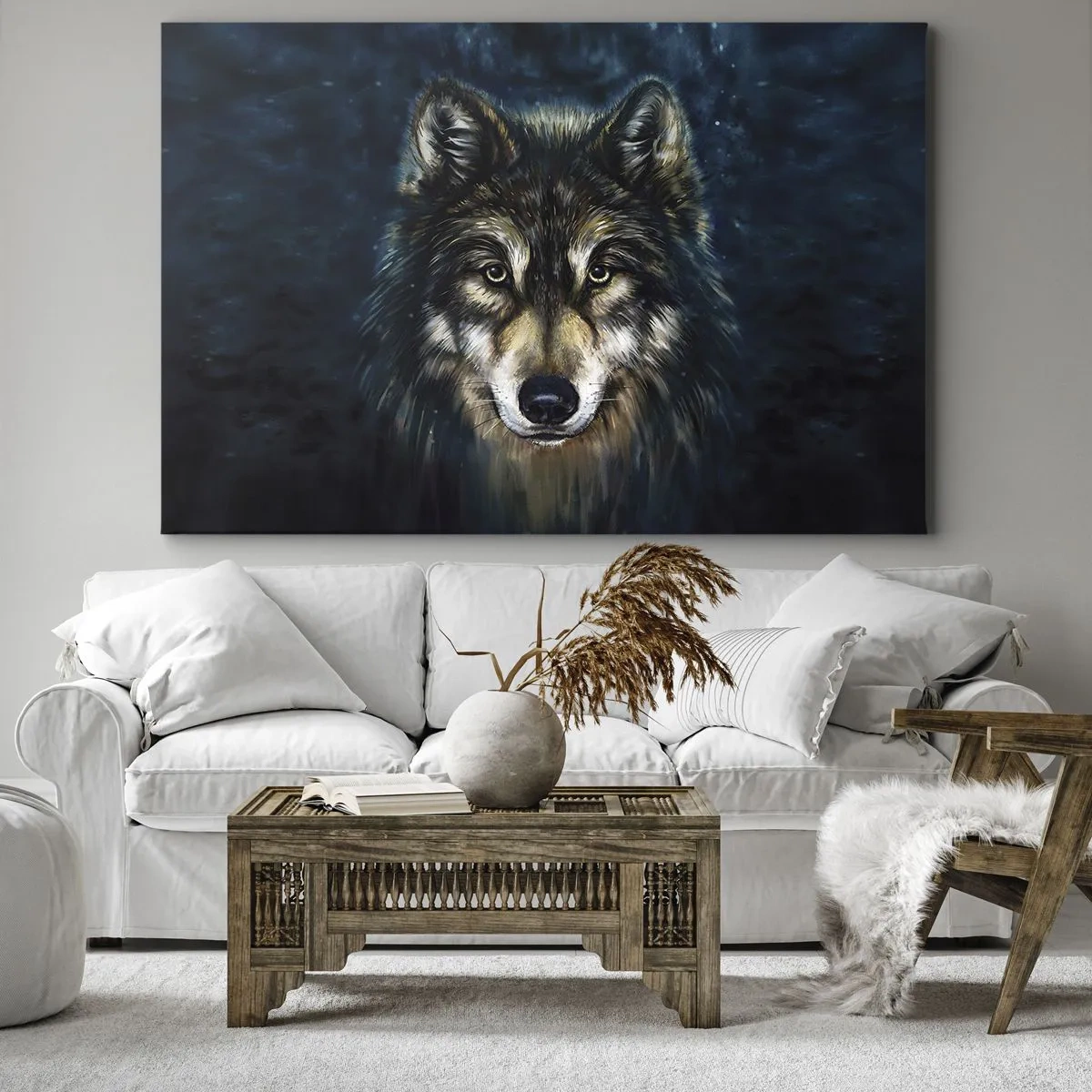 Lærredstryk - Billede på lærred - Portræt af en ulv på en mørkeblå baggrund - 70x50cm - Alfa? Og omega - Moderne vægdekoration til stue og soveværelse ARTTOR