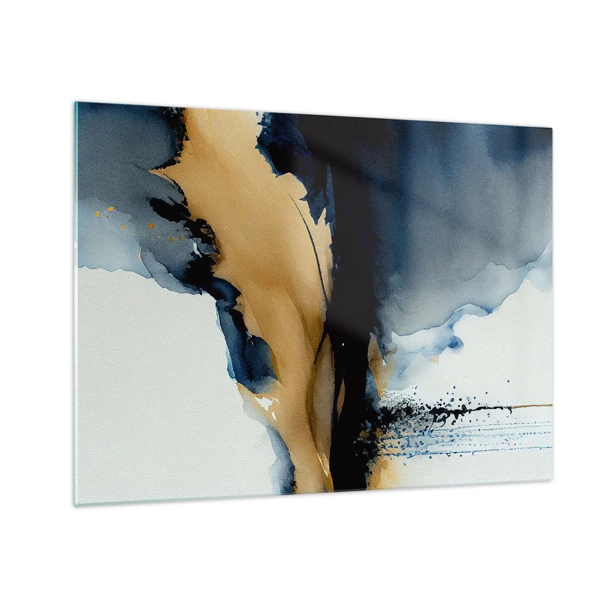 Billede på glas - En abstrakt komposition i nuancer af marineblå og beige - 70x50cm - Bag sløret - Moderne vægdekoration til stue og soveværelse ARTTOR