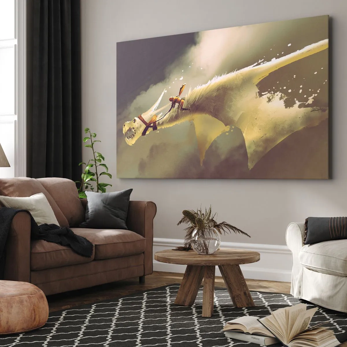 Lærredstryk - Billede på lærred - Illustration af en dragerytter i et fantasi-skylandskab - 70x50cm - Verden til undsætning - Moderne vægdekoration til stue og soveværelse ARTTOR