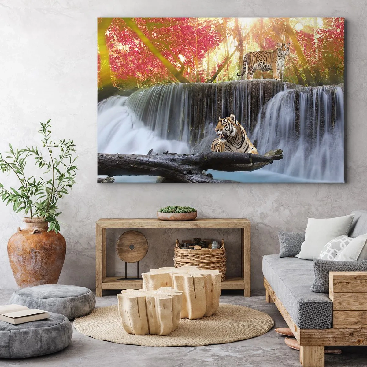 Lærredstryk - Billede på lærred - Tigre ved et vandfald i efterårsskoven - 70x50cm - Surrealistisk landskab - Moderne vægdekoration til stue og soveværelse ARTTOR