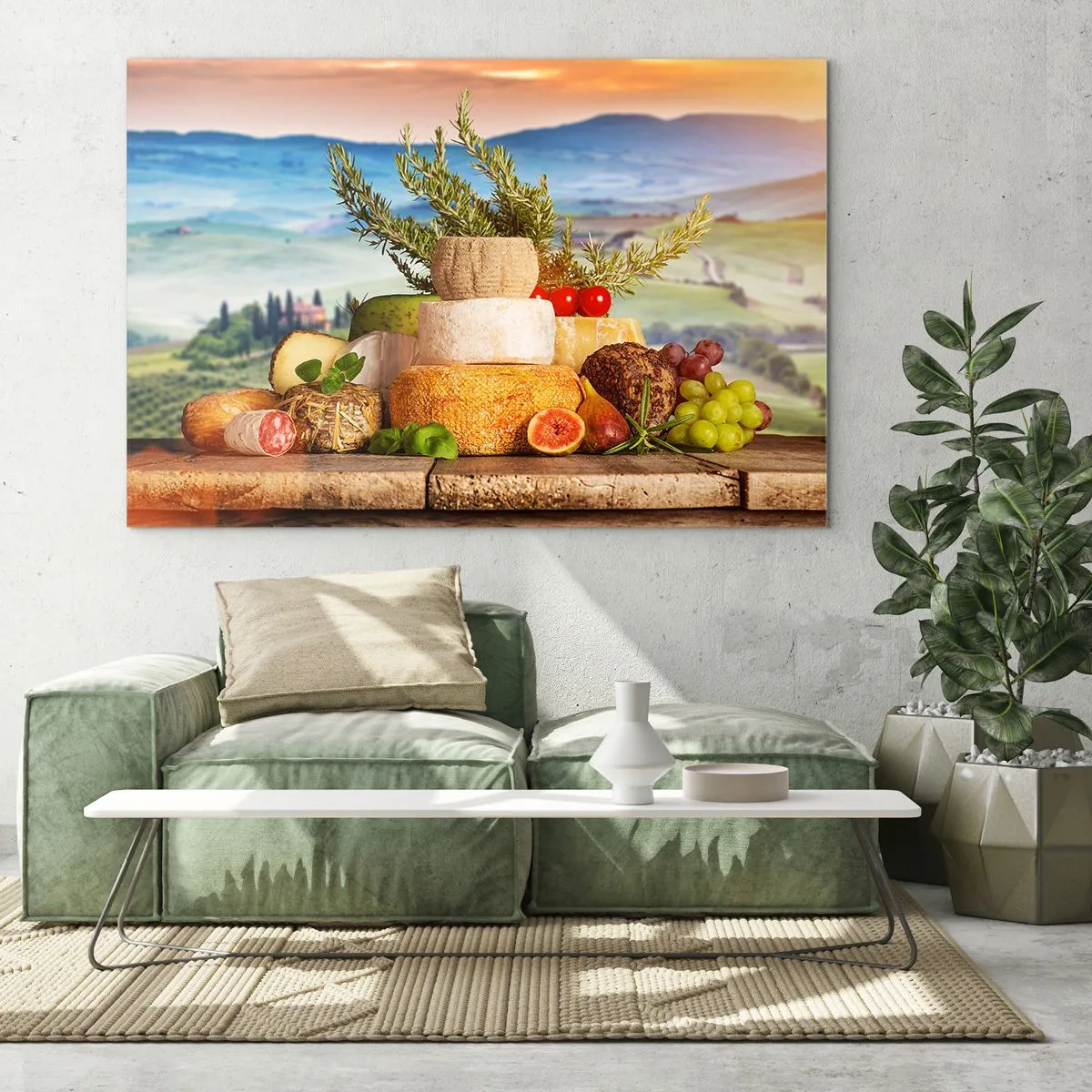 Billede på glas - En sammensætning af oste og frugter mod baggrunden af det toscanske landskab - 70x50cm - Italiensk livsglæde - Moderne vægdekoration til stue og soveværelse ARTTOR