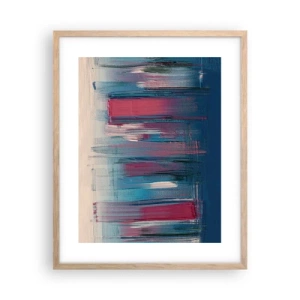 Plakat i ramme af lyst egetræ - Lodret komposition i blåt og rødt - 40x50 cm