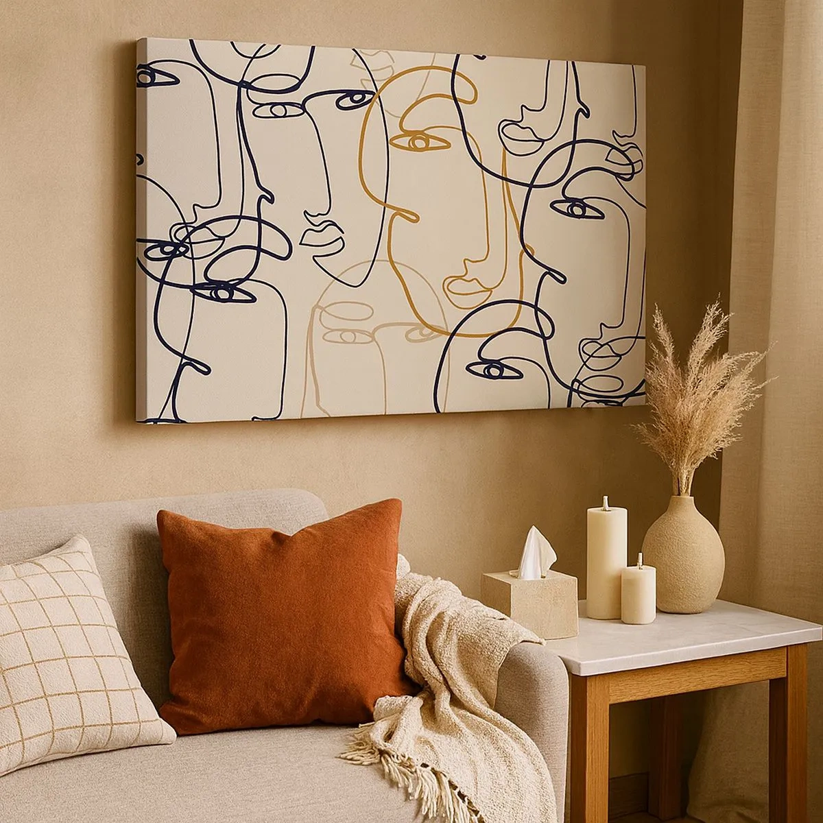 Lærredstryk - Billede på lærred - Minimalistiske stregtegninger med ansigter på en lys baggrund - 70x50cm - Portræt ganget med hinanden - Moderne vægdekoration til stue og soveværelse ARTTOR