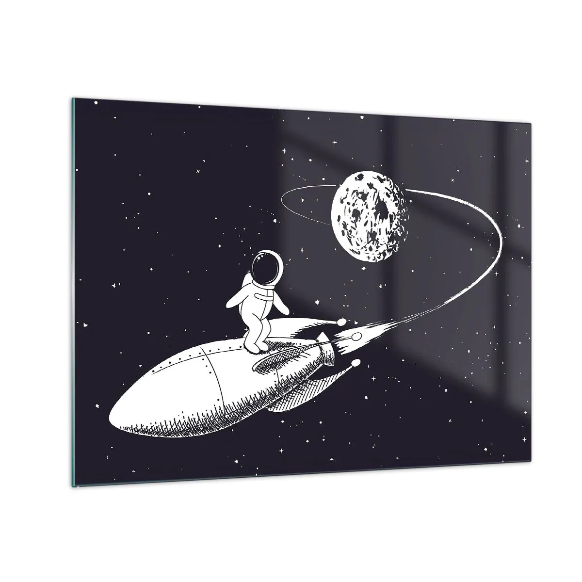 Billede på glas - Tegneserieastronaut surfer i rummet på en raket - 70x50cm - Space surfer - Moderne vægdekoration til stue og soveværelse ARTTOR