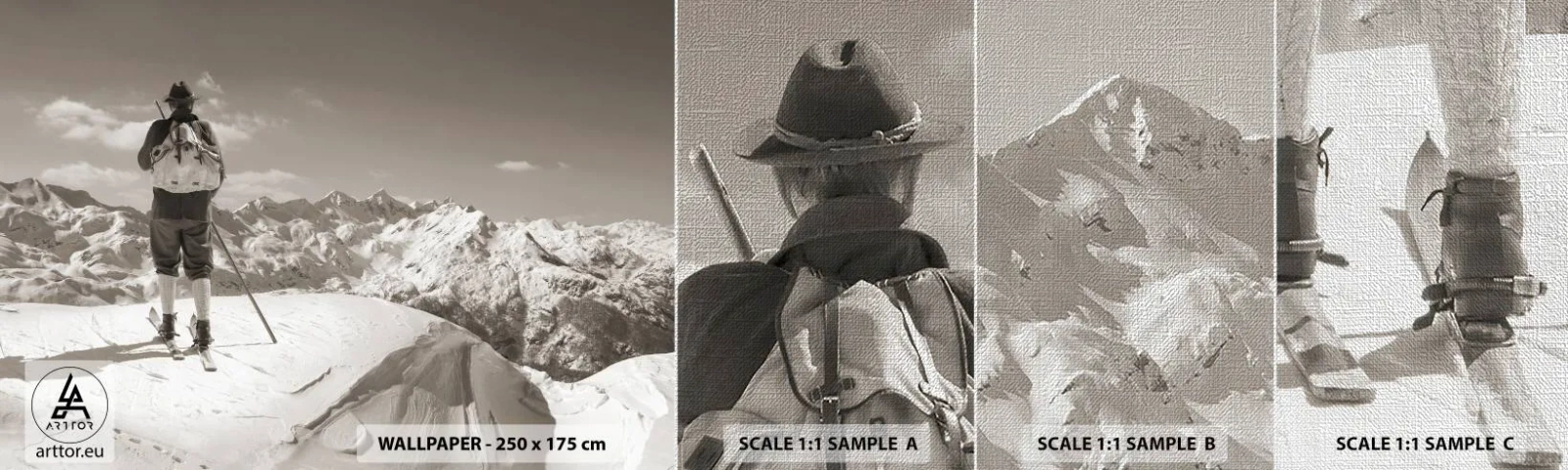 Prøve Fototapet Premium Canvas - Og bjergene er de samme - Landskab, Bjerge, Skiløber - 100x30 cm