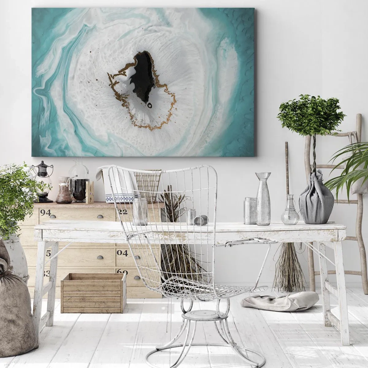 Lærredstryk - Billede på lærred - Abstrakt geodemotiv i nuancer af turkis, hvid og guld - 70x50cm - Kom indenfor - Moderne vægdekoration til stue og soveværelse ARTTOR