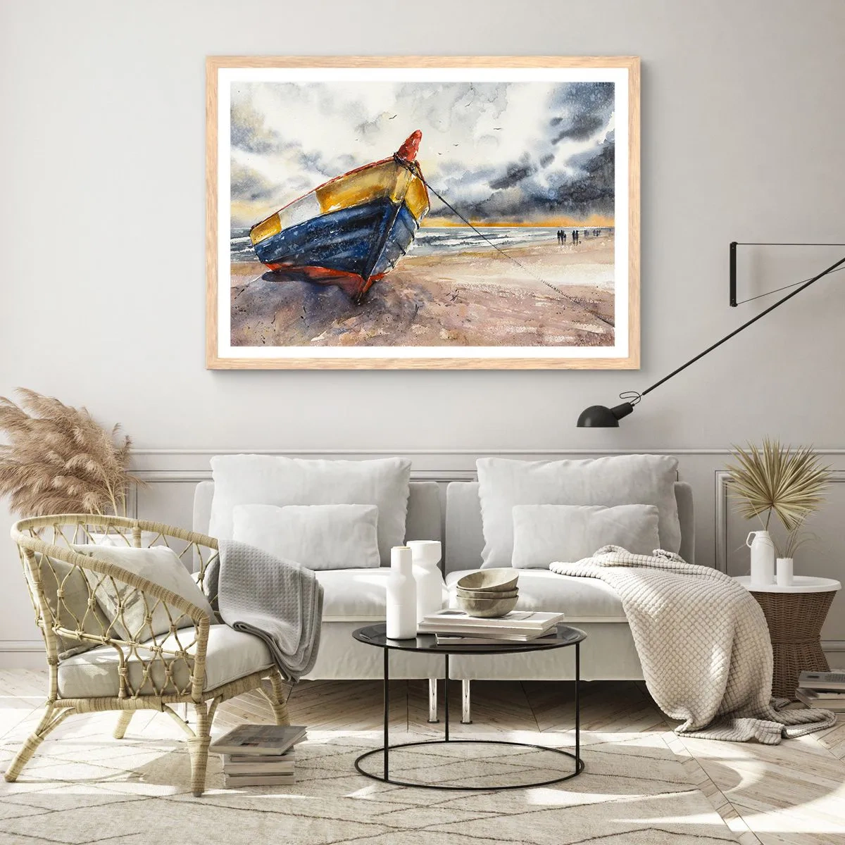 Plakat i ramme af lyst egetræ - Hvile på stranden - 70x50 cm