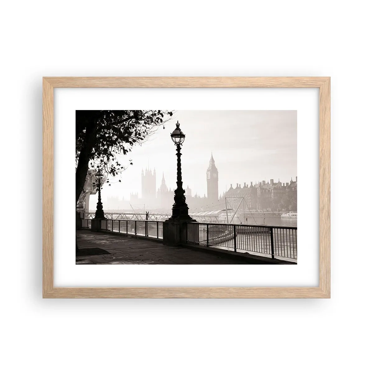 Plakat i ramme af lyst egetræ - London morgen - 40x30 cm