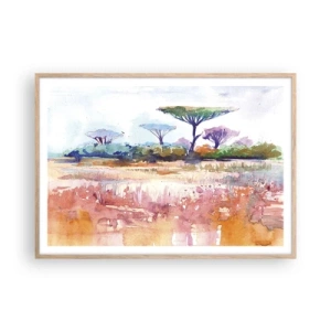 Plakat i ramme af lyst egetræ - Savannens farver - 100x70 cm