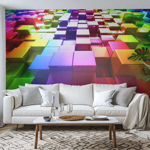 Fototapet Standard Eco - Farverige, skinnende terninger arrangeret i et abstrakt mønster - 100x70cm - Op-art sammen som et team - Moderne vægdekoration til stue og soveværelse ARTTOR