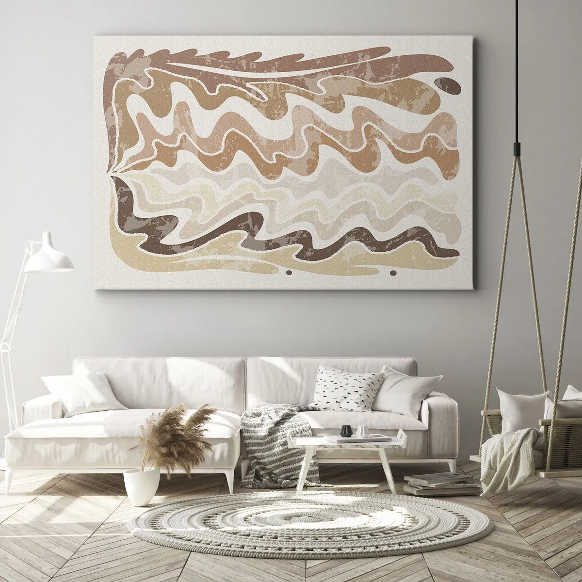 Lærredstryk - Billede på lærred - Bølgede abstrakte linjer i beige nuancer - 70x50cm - God energi - gode følelser - Moderne vægdekoration til stue og soveværelse ARTTOR