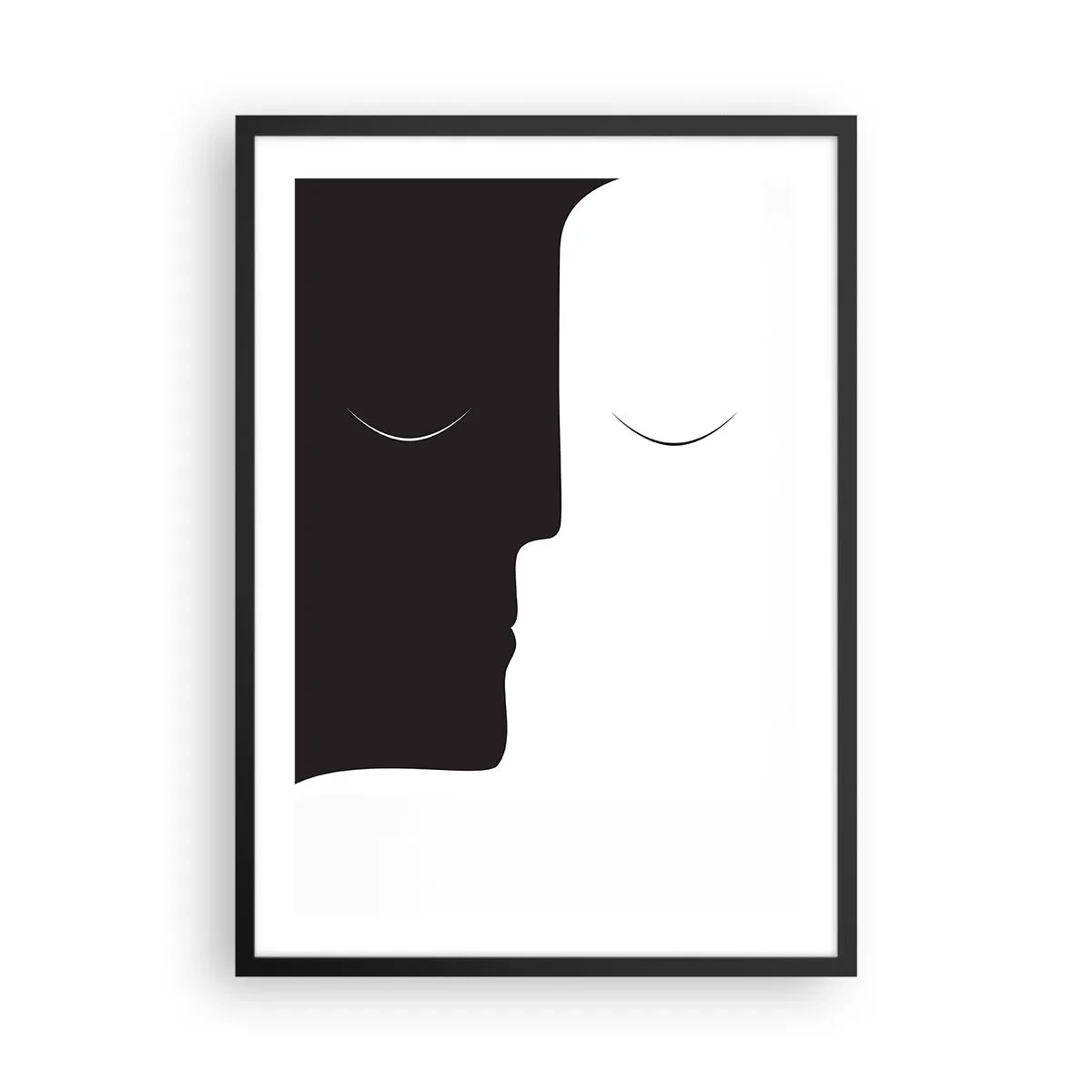 Plakat i sort ramme - En minimalistisk grafik af to ansigter i sort-hvid, der skaber en enhed. - 50x70cm - Modsætningernes enhed - Moderne vægdekoration til stue og soveværelse ARTTOR