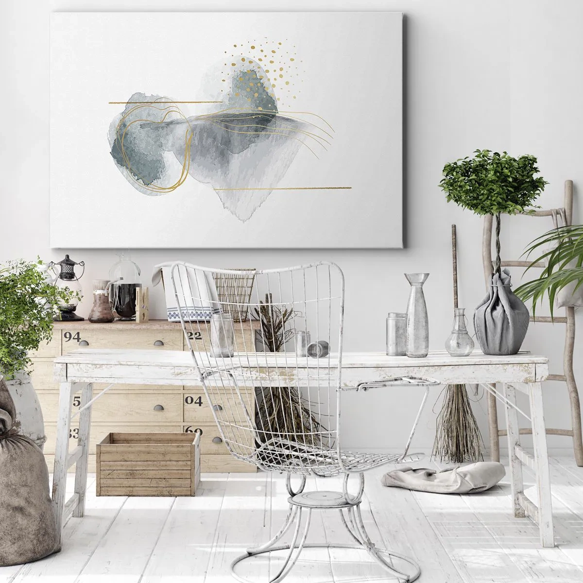 Lærredstryk - Billede på lærred - En abstrakt komposition i nuancer af turkis og guld. - 70x50cm - Om forholdet mellem grå og guld - Moderne vægdekoration til stue og soveværelse ARTTOR