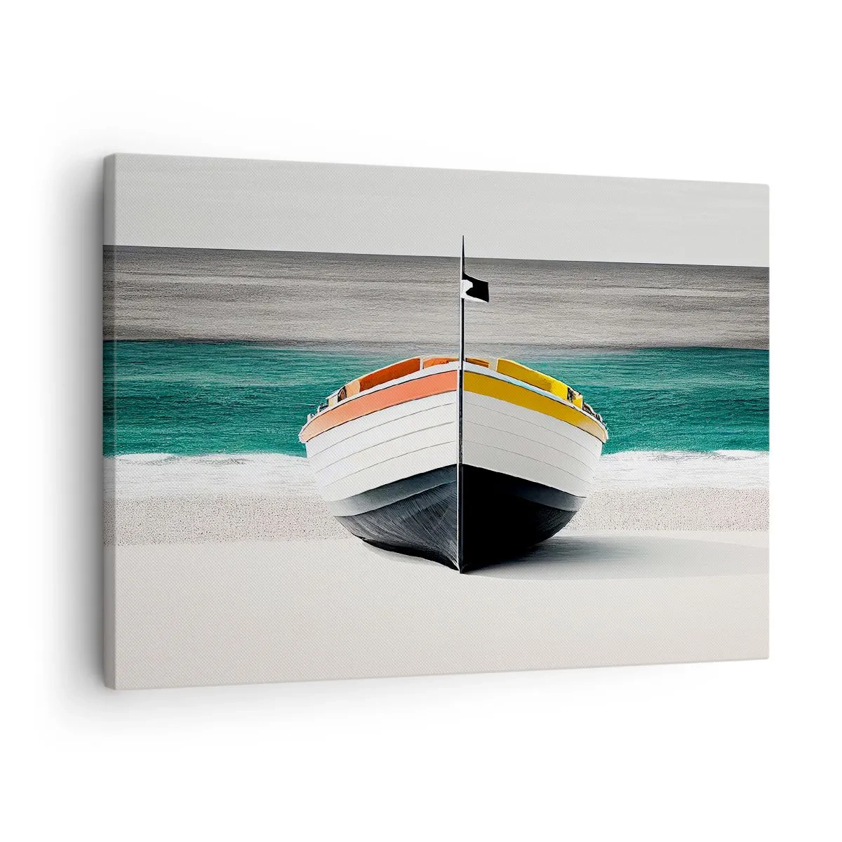 Lærredstryk - Billede på lærred - En båd på stranden med et turkisblåt hav i baggrunden - 70x50cm - På sin plads - Moderne vægdekoration til stue og soveværelse ARTTOR