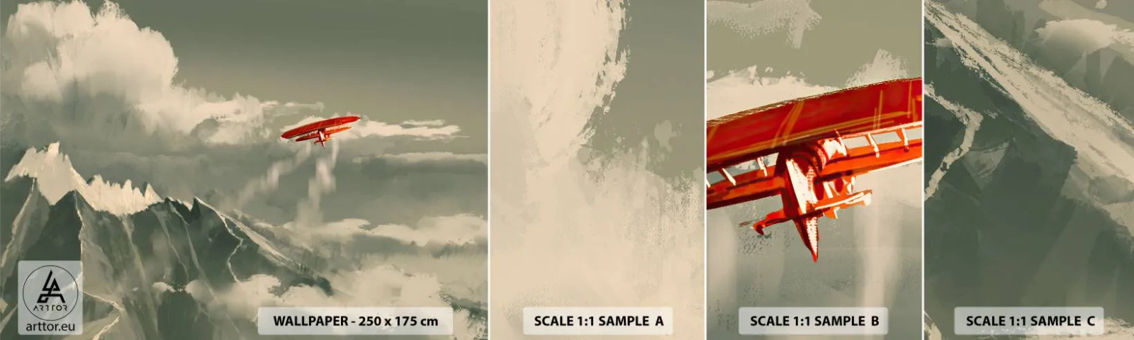 Prøve Fototapet Selvklæbende Deluxe Sticker - Frygtløs pioner - Abstraktion, Fly, Bjerglandskab - 100x30 cm