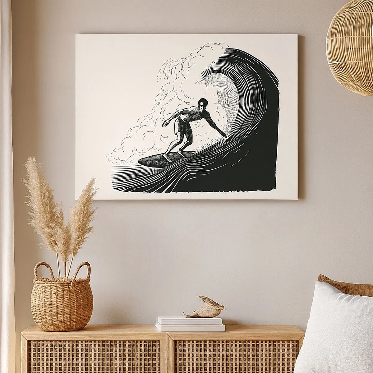 Lærredstryk - Billede på lærred - Sort-hvid grafik af en surfer, der rider på en bølge - 70x50cm - Bølgens konge - Moderne vægdekoration til stue og soveværelse ARTTOR