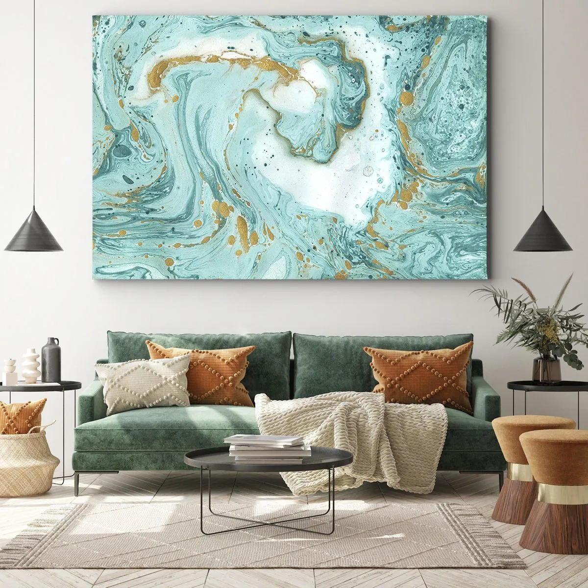 Lærredstryk - Billede på lærred - Turkis marmor med gulddetaljer i en abstrakt komposition - 70x50cm - Under den store bølge i Edo-perioden - Moderne vægdekoration til stue og soveværelse ARTTOR