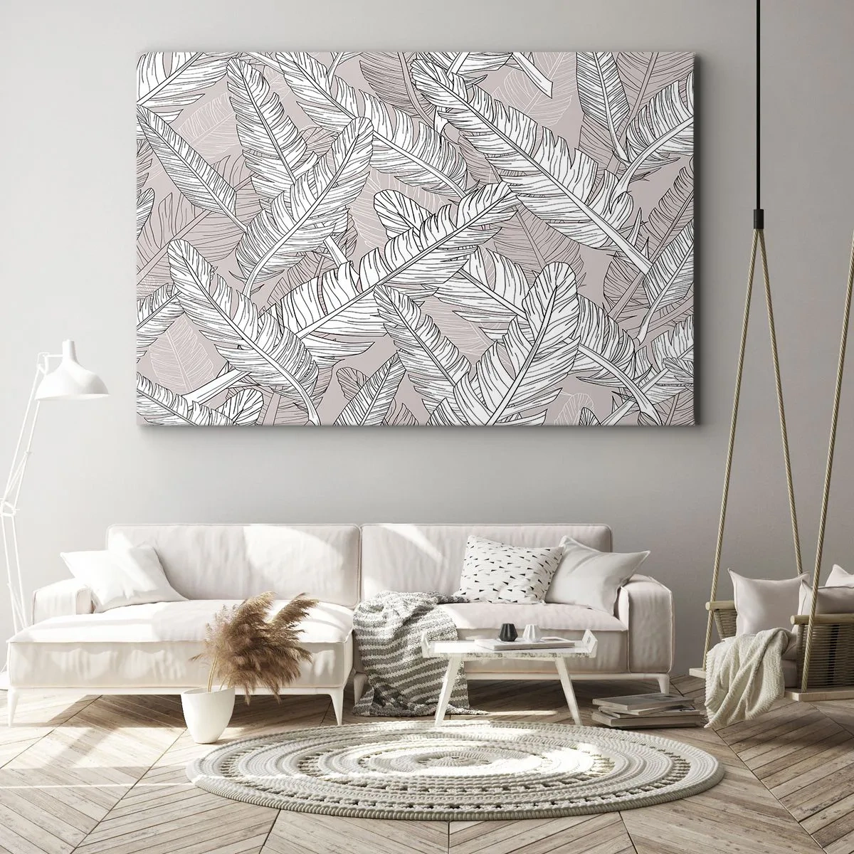 Lærredstryk - Billede på lærred - Sort og hvidt mønster med bananblade på en lys baggrund - 70x50cm - Fjerlig uro - Moderne vægdekoration til stue og soveværelse ARTTOR