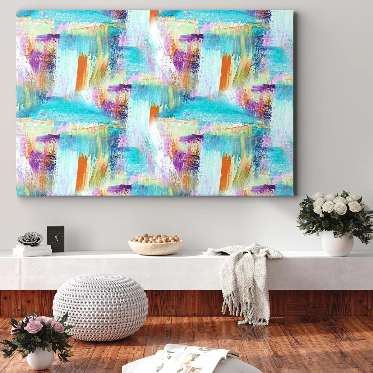 Lærredstryk - Billede på lærred - Farverig abstraktion med dynamiske penselstrøg - 70x50cm - Munter mazel topper - Moderne vægdekoration til stue og soveværelse ARTTOR