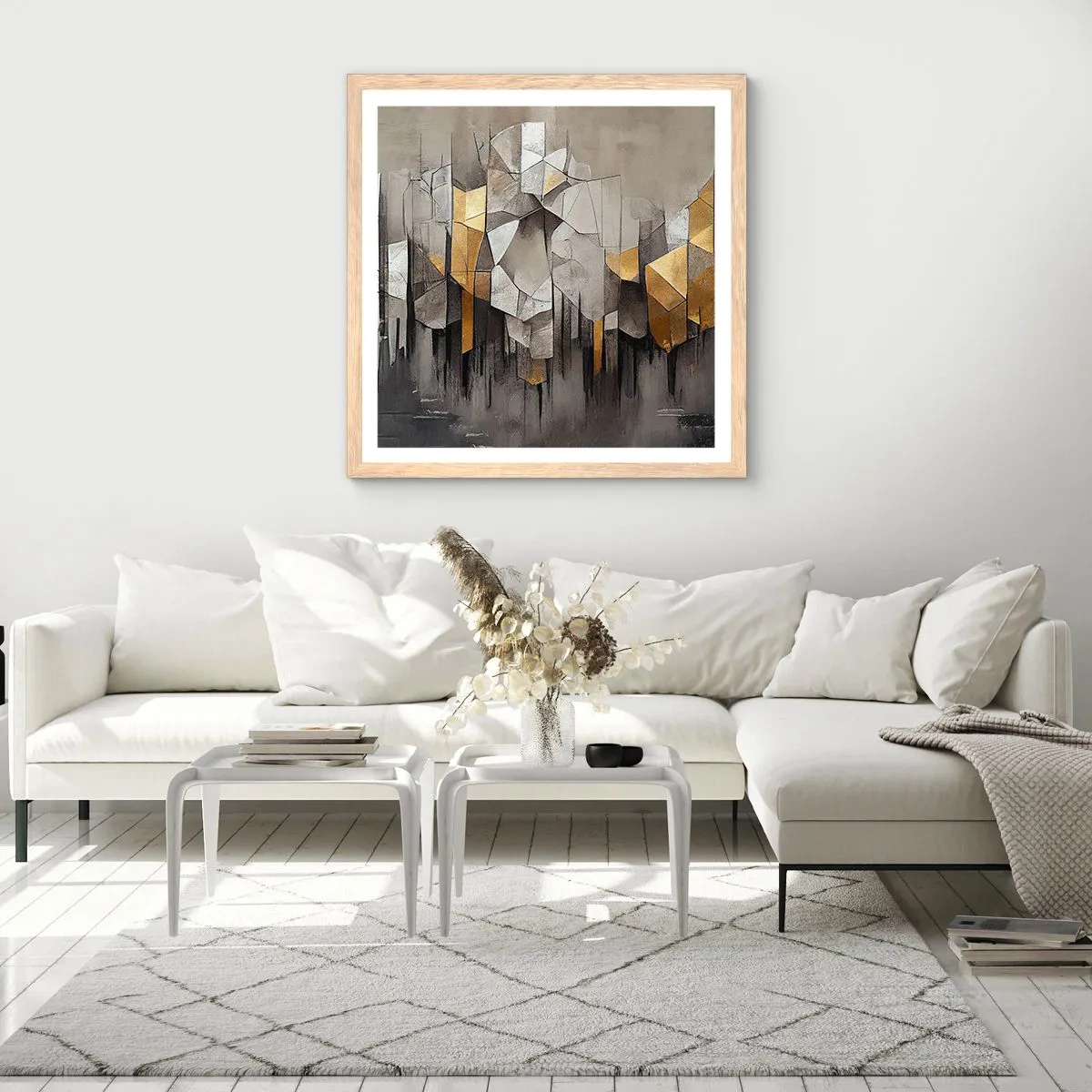 Plakat i ramme af lyst egetræ - Komposition lavet af is og lys - 60x60 cm