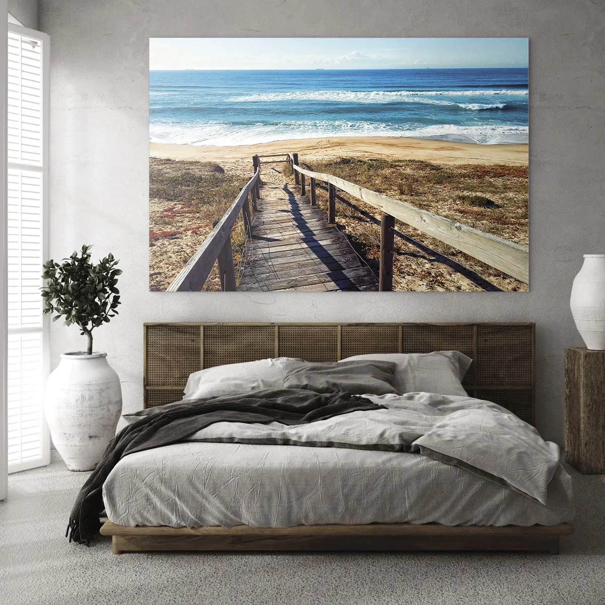Billede på glas - Træsti, der fører til stranden med havudsigt - 70x50cm - Løb! - Moderne vægdekoration til stue og soveværelse ARTTOR