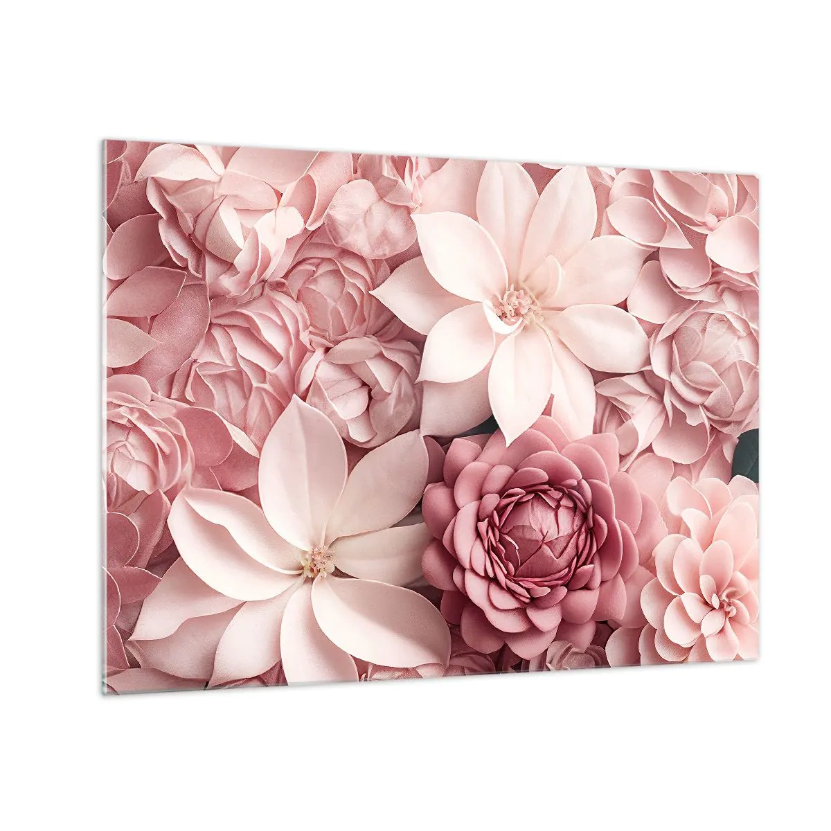 Billede på glas - Delikate lyserøde blomster i en komposition fuld af kronblade - 70x50cm - I lyserøde kronblade - Moderne vægdekoration til stue og soveværelse ARTTOR