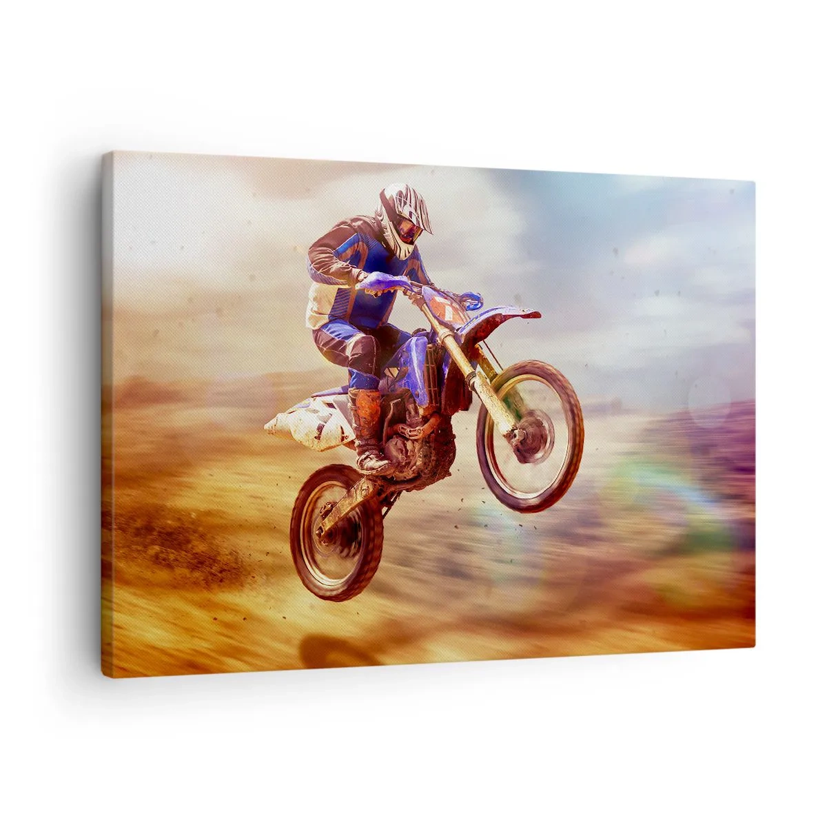 Lærredstryk - Billede på lærred - En motorcyklist i flyvning under en dynamisk terrænkørsel - 70x50cm - Svimmelhed på motorcykel - Moderne vægdekoration til stue og soveværelse ARTTOR