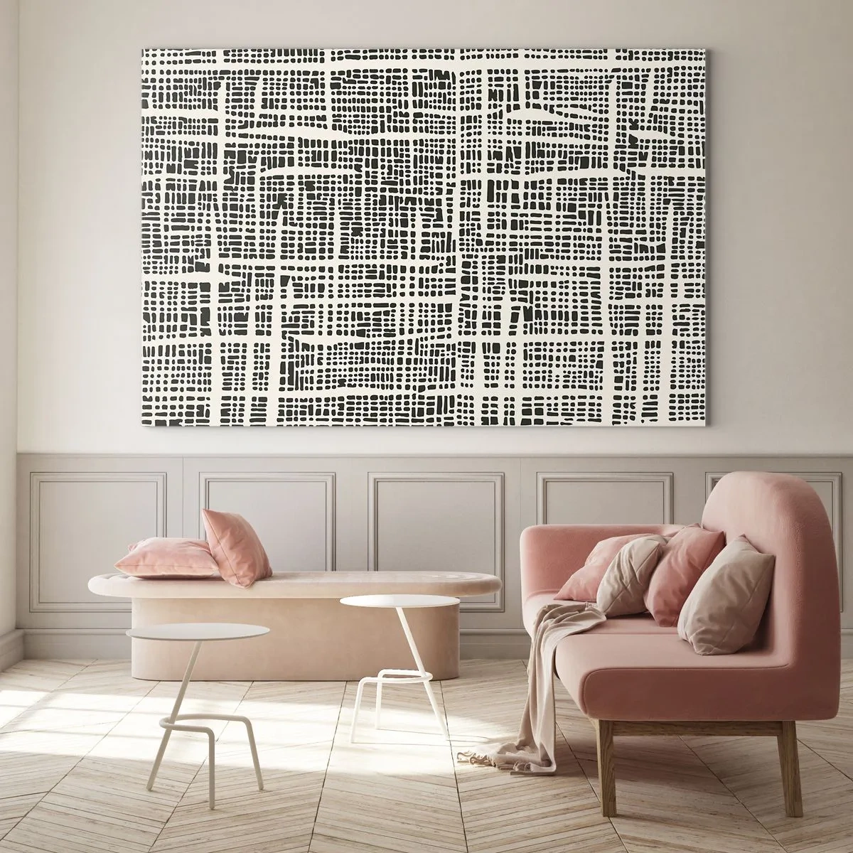 Billede på glas - En sort-hvid abstraktion, der ligner et gitter af prikker. - 70x50cm - En sammensætning vævet - Moderne vægdekoration til stue og soveværelse ARTTOR