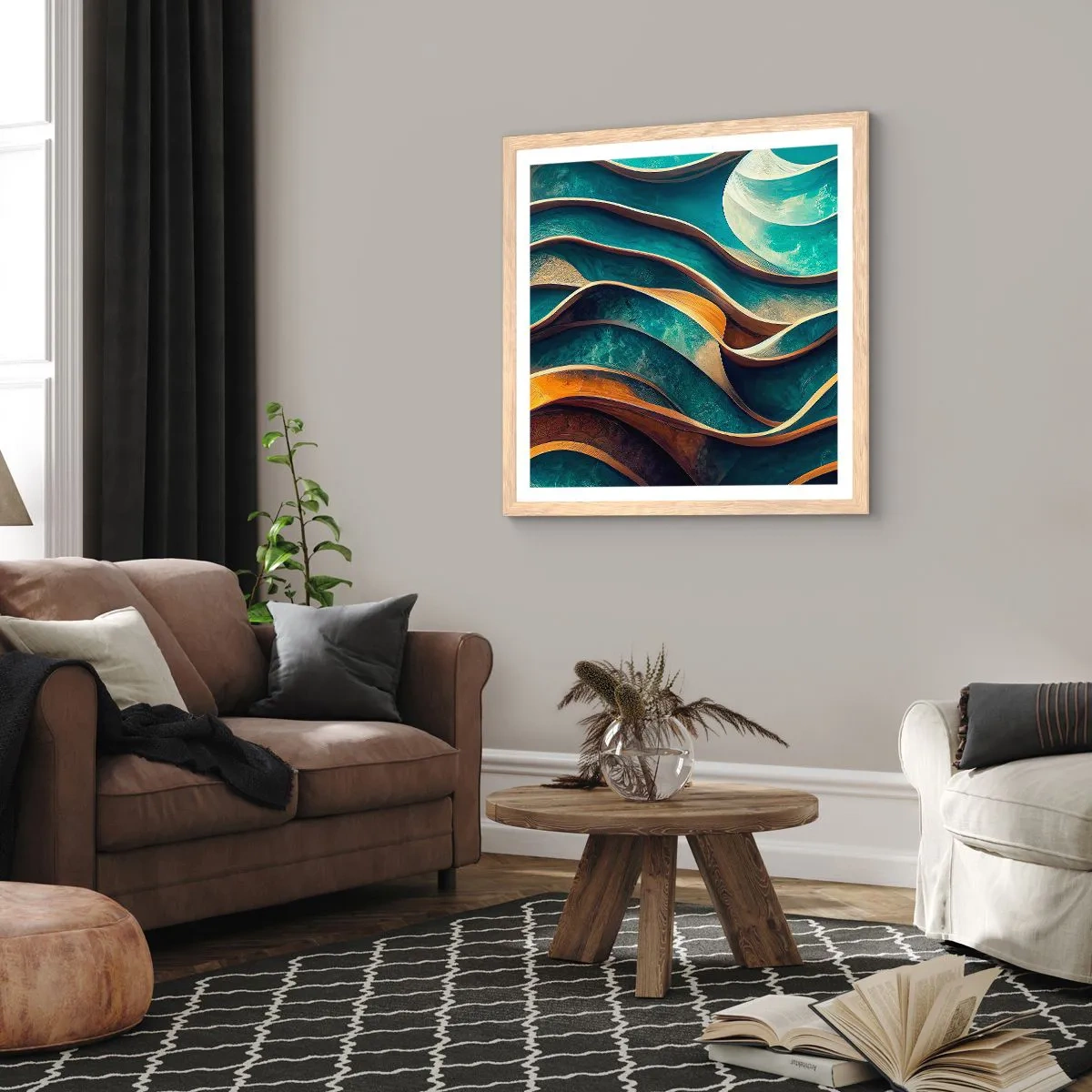Plakat i ramme af lyst egetræ - Slyngninger af blåt - 50x50 cm