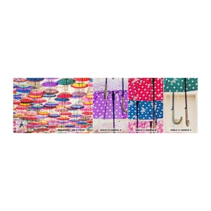 Prøve Fototapet Premium Canvas - Engen i byen - By, Farverige paraplyer, Stykke - 100x30 cm